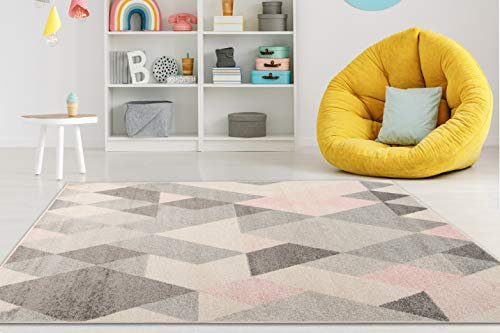 Carpeto Rugs Tapis Salon, Chambre Moderne Motif Geometrique - Moquette pour Chambre et Salon - Tapis pour Enfant Chambre, Bébé, Fille et Garçon - Rose Gris 1-120 x 170 cm
