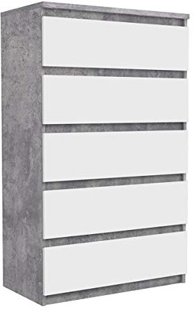 Meubletmoi Grande Commode 5 tiroirs Blanc et décor béton Gris - Rangement Chambre - Benny
