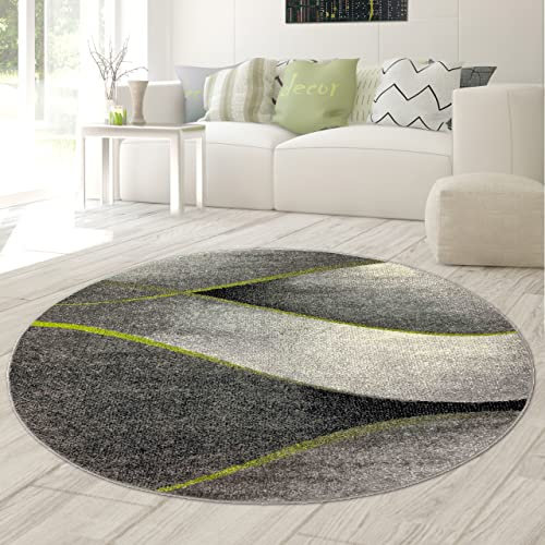 Teppich-Traum Runder moderner Dekoteppich Wellen Design in grün grau anthrazit - pflegeleicht Größe 200 cm rund