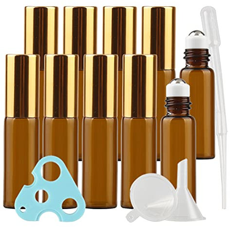 TIANZD 10 Pieza Marrón Botella Roll-on de Vidrio 5ml Botellas de Rodillos de Aceites Esenciales con Tapón de Oro Botellas de Aceites Esenciales y 1 Pipetas, 1 Embudos, 1 Abridor