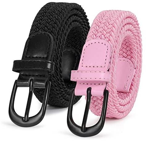 SUOSDEY 2 Stück gewebter elastischer Kindergürtel für Jungen Mädchen, 2.5 cm breite Schwarz Rosa 65cm