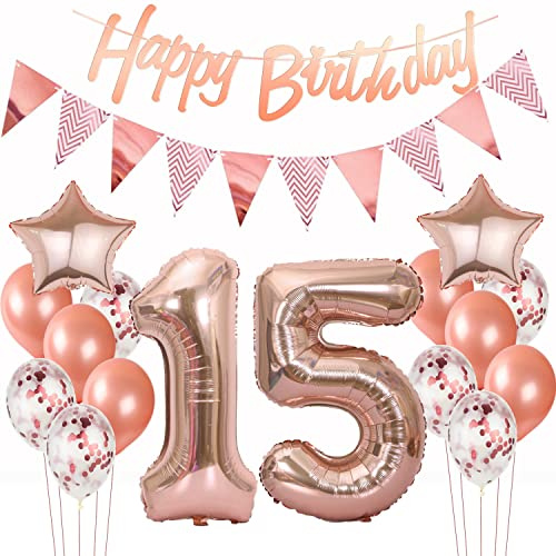 Deko 15. Geburtstag Mädchen Rosegold - Luftballons, Girlande, Banner für Geburtstagsdekoration