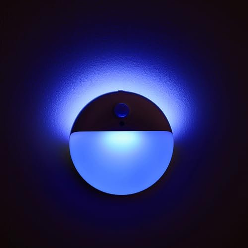 YUNLEX Dimmbar Nachtlicht mit Bewegungsmelder, 2er Set, Batteriebetrieben, Hauptlicht/Hintergrundbeleuchtung/Dual Lights AN, Nachtlicht mit Haftend für Treppe, Bad, Flur, Küche, Blau