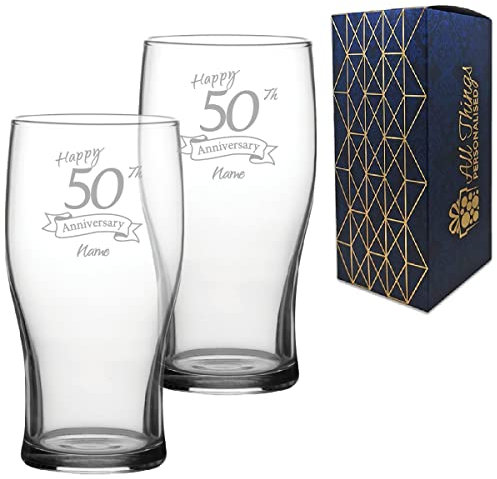 Personalised Engraved 50th Anniversary Glass Set of Two, Tulip Pint 20oz Glass, Engraved in The UK, Personalise with Any Name, Thoughtful Customised Gift