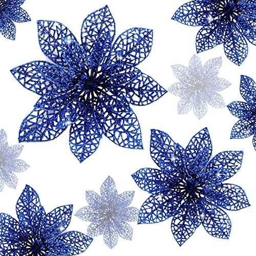 Wironlst 24 Stück glitzernde Weihnachtssterne Blumen Weihnachtsbaum Ornamente, glitzernde Weihnachtssterne Sträucher Weihnachtsdekoration für Weihnachten/Urlaub/Saisonal/Hochzeit (blau)