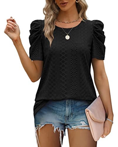 Aokosor Black Tops for Womens UK Ladies Tops Size 18-20 T Shirts Summer Clothes Puff Sleeve Tshirts Gigot Sleeve Casual Tees