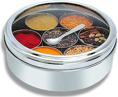 Nobel Stainless Steel Masala Dabba, Spice Box, With 7 Compartments Plus Spoon, See through Lid - 22.5 Cm Diameter