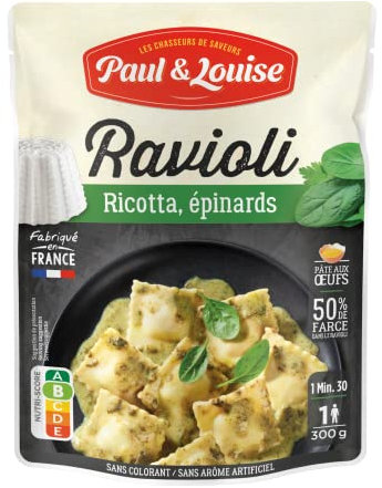 Paul & Louise Ravioli Ricotta, Épinards 300g - Sachet micro-ondable - Prêt en 1 minute 30 - Pâte aux œufs - Recette sans viande - Sans colorant - Sans arôme artificiel - Nutriscore B