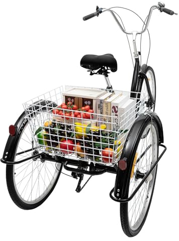 Lightakai Erwachsenen-Dreirad, 24 Zoll 3-Rad-Dreirad 8-Gang Fahrrad Hohe Kohlenstoffstahl Senioren Dreirad mit Korb Comfort Fahrrad für Outdoor Sports Shopping (schwarz)