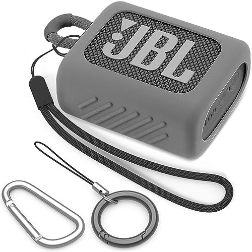 BEAUDOM Silicone JBL GO 3 Case for JBL GO 3 [With Wrist Strap] [With Two Carabiner Types] Portable Protective Case Compatible with JBL GO 3 Bluetooth Speaker (Grey)