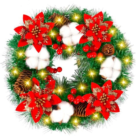 AQXONG Couronne de Noël, Couronne Décorative avec 30 LED, Couronne de l'Avent de Noël Porte 30 cm, Décoration de Noël, Couronne de Noël Suspendue Artificielle, Décoration de Porte de Noël