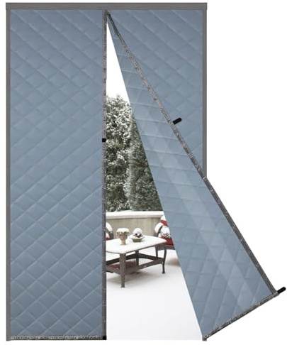 Risareyi Magnétique Rideau de Porte 120x260cm, Gris Rideau Thermique Isolant Anti Froid, Coton Couverture pour porte d'entrée en Hiver, Sans Perçage, Fermeture Automatique