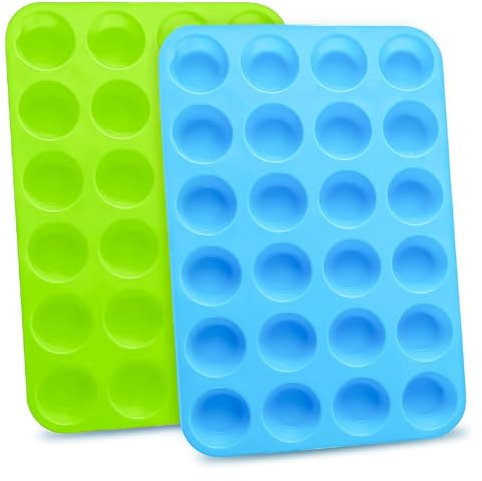 JSUOEO Mini Muffin Pan 24 Cups 2 Pack Silicone Cookies Cupcake Bakeware Tin Round Soap Tray Baking Mould Non Stick, Blue + Green