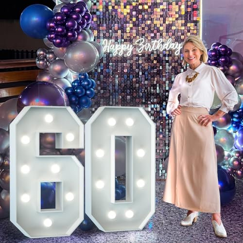 60th Birthday Decorations for Women Men: 3FT Large Light Up Numbers 60th Wedding Anniversary Party Decor Big Marquee Number for Light Up Balloons Birthday Cardboard Mosaic Balloon Arch Pre-cut Foam