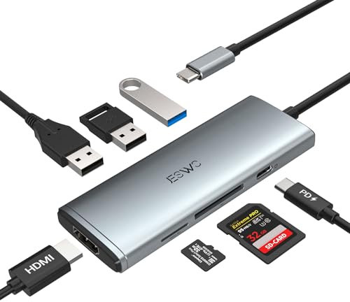 JESWO HUB USB C, 7-en-1 Adaptateur USB C vers USB, HDMI 4K, Charge PD 100W Lecteur de Carte SD/Micro SD,Dock USB C Multiport Compatible avec MacBook Pro/Air, iPad Pro, Autres appareils de Type C