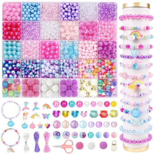 DTYDECLE 1200+ Stück Perlen zum Auffädeln Kinder, Bunte Anhänger Meerjungfrau perlen Schmuck Ketten Bastelset für DIY Armbänder Handwerk Schmuckherstellung