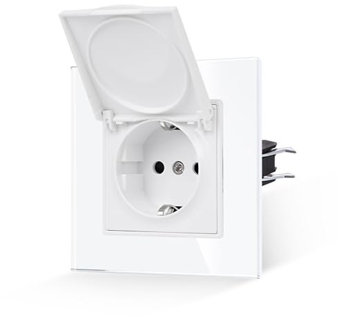 JIMEIDA Steckdose Glas Weiß Mit Wasserdichter Abdeckung Mit Haken 16 Amp Schuko Steckdose Gehärteter Glasscheibe Wandsteckdose 86 * 86mm