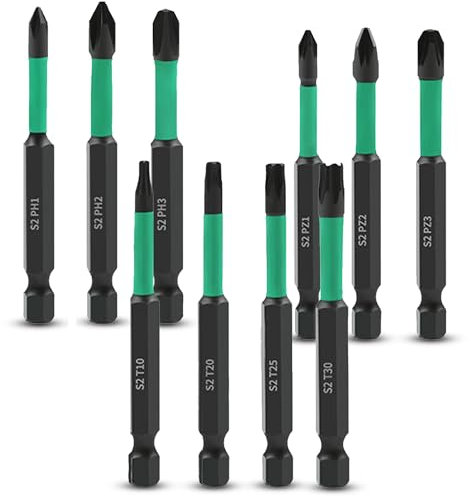 10Pcs Impact Screwdriver Bits Set,Magnetic Screwdriver Bits Set,Impact Driver Screw Bits,Long Torx Electric Screwdriver Bits for Drill - PH1, PH2, PH3, PZ1, PZ2, PZ3, T10, T20, T25, T30