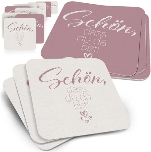 50x Bierdeckel Schön DASS du da bist Rosa - Funke & Brand Untersetzer Herz - Eckige Tisch-Deko Herz für Hochzeit, Geburtstag