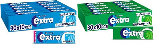 Extra Peppermint 10 Piece - 30 Pack and Extra Spearmint 10 Piece 30 Pack, Freshens Breath, With Xylitol, Helps with Oral Hygiene for Healthy Teeth and Gums (60 Packs)