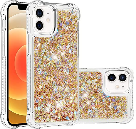 SIYOPINPFY Hülle für iPhone 12 Hülle mit Stoßfest Schutzecken, für Frauen Quicksand Glitzer Flüssigkeit HandyHülle Transparent Silikon Treibsand Schutzhülle für iPhone 12 Pro Liebe Gold YB