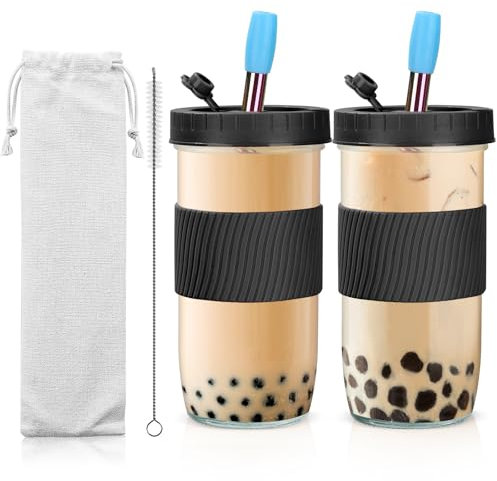 Osrioal 2 Pack Reusable Bubble Tea Cup, 730ml/24oz Wide Mouth Smoothie Cups with Lids and Straws, Iced Coffee Glass with Silicone Sleevet, Leakproof Glass Mason Jars, Black