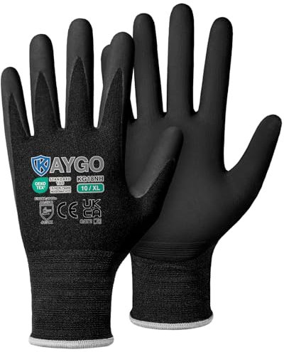 KAYGO Safety Work Gloves MicroFoam Nitrile Coated 3 Pairs, KG18N, Seamless Knit Nylon Glove with Abrasion and Oil Resistant Grip, Ideal for General Purpose, Automotive, DIY (X-Large, Black)