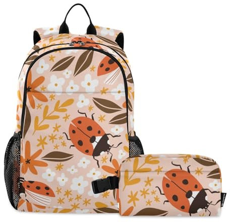 ISAOA Ladybug Rucksack mit Ahornblatt-Blumen, Fahion-Rucksack, Schultasche mit Lunchbox, Tasche, Mittelschule Rucksäcke für Teenager, Mädchen, Büchertasche, Elementar, College, Laptop, Rucksack,
