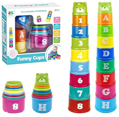 Vasos apilables para niños, 9 unidades con letras y números, vasos apilables, torre apilable, vasos apilables para bebé, juego de vasos apilables para bebés a partir de 6 meses