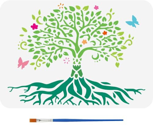 FINGERINSPIRE Pochoir de Dessin D'Arbre Mandala Avec Un Pinceau 29.7X21cm Modèle de Peinture D'Arbre de Vie Arbre de Vie Fleurs Papillons Pochoir de Décoration pour Peinture sur Bois Mur Tissu Meubles