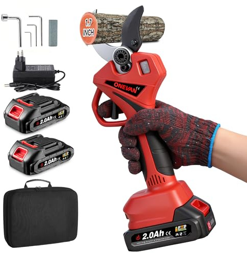 ONEVAN Battery Secateurs - 45mm(1.7inch) Electric Pruning Shears, 800W Brushless Cordless Secateurs, with LCD Display & SK5 Blades, 2 * 2.0Ah Batteries, for Garden Orchards to Prune Branches