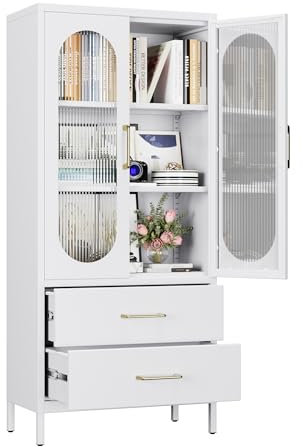 Aobabo Metal Office Files Storage Cabinet with 2 Drawers and 2 Adjustable Shelves - 155cm High Glass Doors White Storage Cabinet,3-Tier Tall Steel Cabinets for,Living Room,Office,Assembly Required