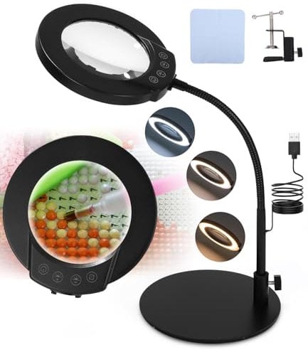 Lupe mit Licht und Ständer, 10X 5 Farbmodi stufenlos dimmbare LED beleuchtete Schreibtischlampe, Hände frei Flexible Schwanenhals Lupe mit Licht für Handwerk Hobby Malerei Schließen Arbeit