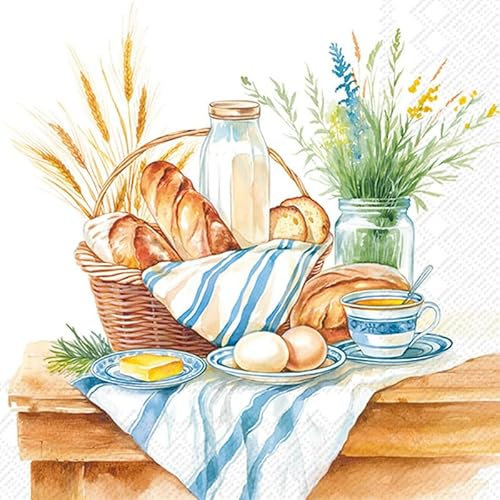 20 Servietten Essen Frühstückskorb als Tischdeko. Papierservietten mit Motiv. Auch für Decoupage und Serviettentechnik 33x33cm