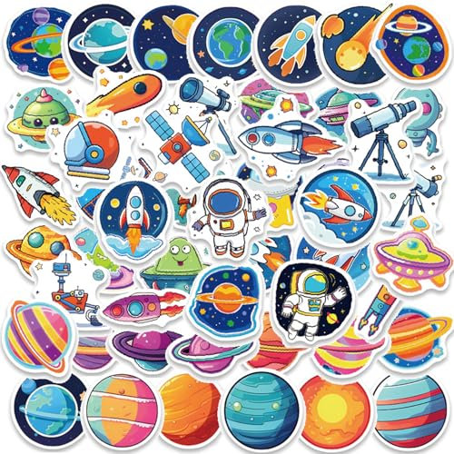 50 Stück Astronauten Weltraum Sticker Planeten Aufkleber Wasserfeste Vinyl Cartoon Weltall Aufkleber mit Stern Planet Weltraum Rakete Teleskop Motiven Lustige Alien Sticker für Kinder und Space-Fans