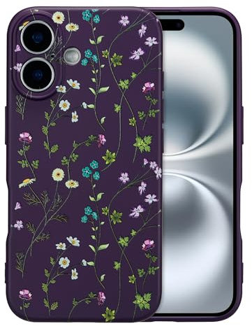 RALEAVO Flower Case for iPhone 16 Plus, Liquid Silicone Shockproof Protection Case Cover for Girls Women with Aesthetic Cute Floral Patterns Soft Slim Phone Case for iPhone 16 Plus 6.7-Purple