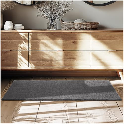 tectake® Flauschiger Kurzflor Teppich, waschbar, für Wohnzimmer, Badezimmerteppich, Küchenteppich, Teppich Flur, Home Deko, rutschfest, allergikerfreundlich, anthrazit, 60 x 110 cm