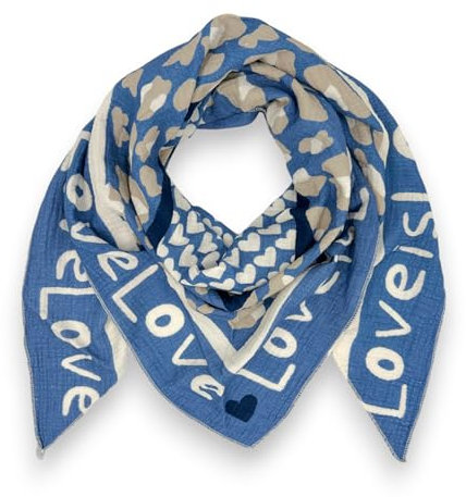 Tuch Damen Frühling Baumwolle Musselin Leo Print Made Italy Halstuch Herz Love Schal Sommer Dreieckstuch (Blau-Beige)