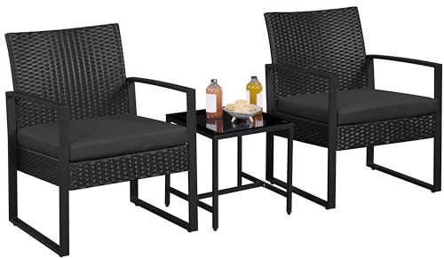 Yaheetech 3-Piece Rattan Garden Furniture Set, 2 Chairs 1 Table, Black