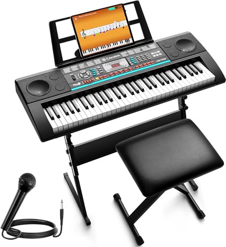 CAHAYA 61 Key Keyboard Piano - Electric Piano Set For Beginners with Stand, Stool, 1 Microphone, Built-In Speakers, 3 Teaching Modes, Portable Electronic Keyboard with 128 Sounds, 128 Rhythm