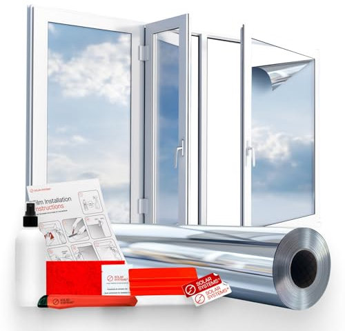 Solar Systems - Pellicola Specchiante per Finestre - Pellicola Adesiva Trasparente per Interni e Opaca per Esterni - Applicazione Interna, Protezione dai Raggi UV, Kit di Installazione - 50x300cm