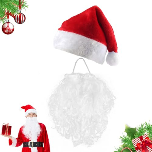 Shyllin Weihnachtsmütze mit Bart, Weihnachtsmann Bart und Mütze Set, Nikolaus Bart & Weihnachtsmützen für Erwachsene, Weihnachtskostüme & Nikolaus-Kostüm Zubehör