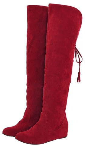 Generisch Stivali da donna comodi in camoscio eleganti piatti western da donna con punta rotonda alta tinta unita lunga stivali da donna stivali invernali, Colore: rosso, 36 EU