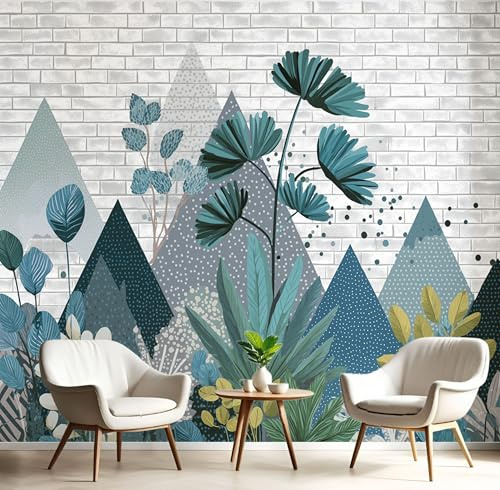 Papier Peint Mur Briques Blanches ‎150X105 Cm - Photo Décoration Murale – Papier Peint Mural Pour Cuisine Chambre, Salon, Fond Tv - Fleurs Feuilles Géométriques - Revêtement Mural Gris Clair