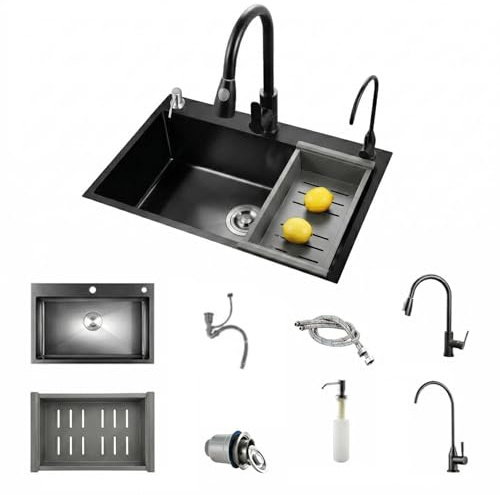 Umisu - Fregadero de cocina negro de acero inoxidable, 60 x 45 cm, fregadero individual con grifo extensible, dispensador de jabón y cesta escurridor con grifo retráctil, cesta dispensador de jabón