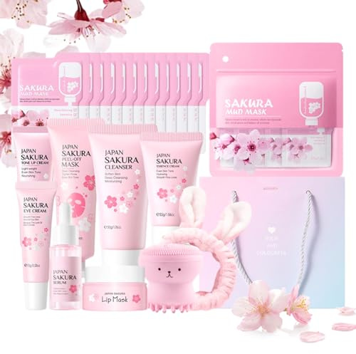 Hautpflege Set für Teenager,Sakura Gesichtspflege Set 23 pcs,Geschenkset Frauen,Beauty Set Mädchen mit Creme,Reiniger,Serum,Augenserum,Schlammmaske,Lippenmaske,Haarband,Rosa Oktopus-Bürste,Peel Mask