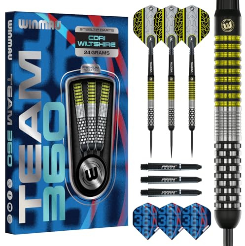 WINMAU Darts-Team 360 – Rebecca Allen | Jack Johnson | Cori Wiltshire – 24 g professionelles Dart-Set aus 90 % Stahlspitze, Wolfram | inklusive Vecta-Schäfte (Dart-Schäfte) | extra dicke 100