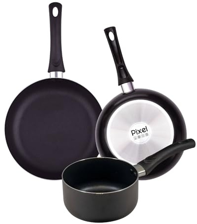 PIXEL Chef Sauce Set mit 2 Pfannen Ø 20 x 24 cm + Stielkasserolle Ø 16 cm aus gepresstem Aluminium und Antihaftbeschichtung