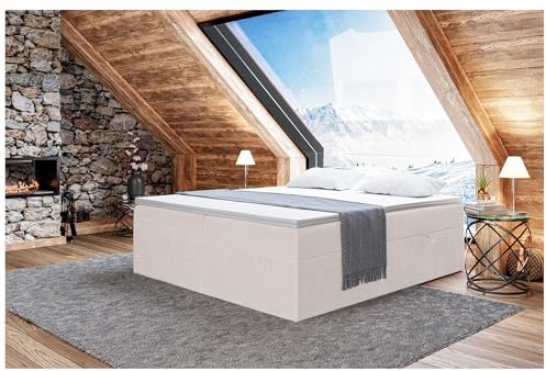 MEBLINI Boxspringbett mit Bettkasten - 180x200 - Gepolstert Doppelbett mit Matratze und Topper - Polsterbett mit Stauraum - Bett ohne Kopfteil - Stauraumbett - Lionel - H3/Beige Plüsch