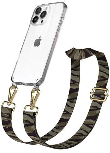 EAZY CASE Handykette - Verstellbares Taschenband kompatibel mit iPhone 16 Pro Max, Schulterriemen, Handykordel mit Silikon Hülle, Umhängetasche, Grün Camouflage Gold